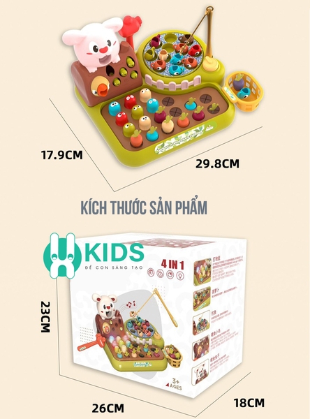 Đồ chơi giáo dục sớm đa năng 4in1 XKIDS nông trại đập chuột, câu cá, nhổ cà rốt chim ăn sâu có đèn n - ảnh 1