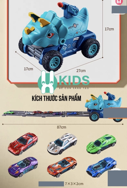 Đồ chơi ô tô khủng long cỡ lớn 3in1 có nút phóng phi tên biến hình đường đua dài 90cm kèm nhiều ô tô - ảnh 1