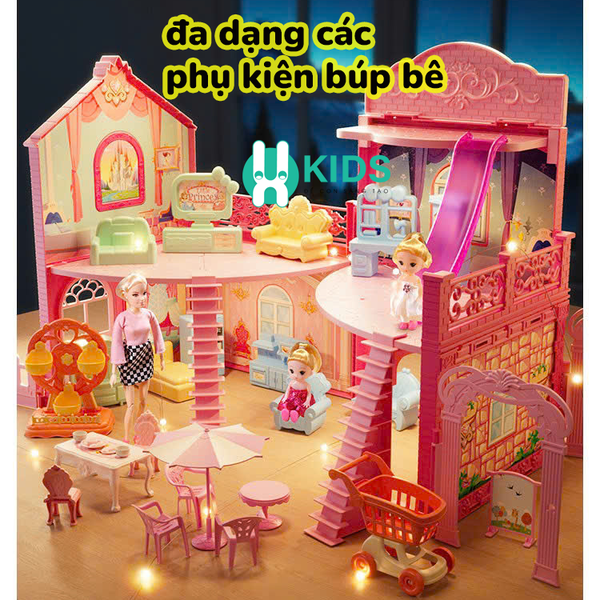 Đồ chơi lâu đà ngôi nhà búp bê cỡ siêu lớn lắp ráp gấp gọn thông minh sẵn 2 búp bê, đầy đủ phụ kiện  - ảnh 2