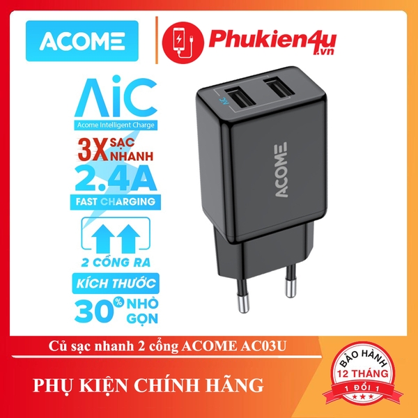 Củ Sạc Nhanh ACOME AC03U Thiết Kế 2 Cổng USB Sạc Nhanh 2.4A
