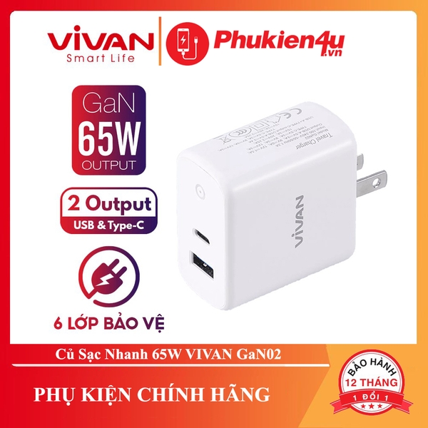 Củ Sạc Siêu Nhanh Công Suất 65W 2 Cổng Type C PD 3.0 & USB QC 4.0 VIVAN GaN02 Có Đèn LED Báo Sạc