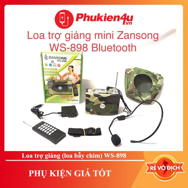 Loa trợ giảng (loa bẫy chim) WS898 - Kèm micro đeo tai, remote điều khiển lên đến 300m - Hỗ trợ Bluetooth, FM radio, USB, SD card