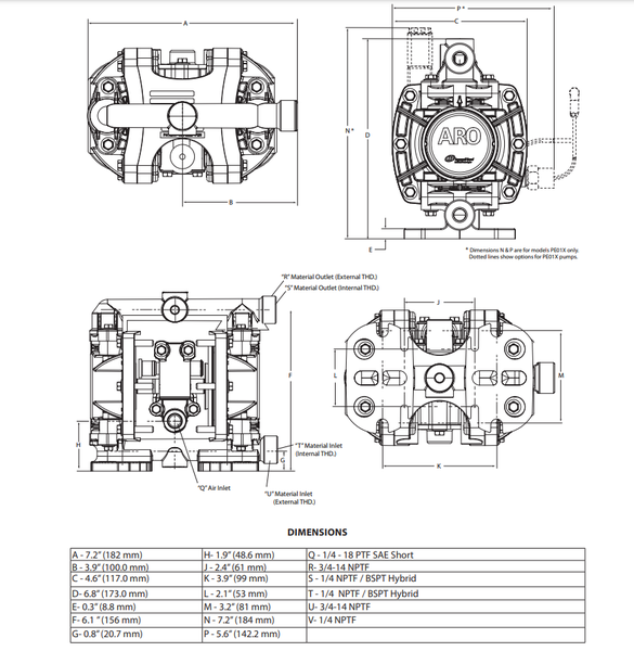 Kích thước bơm ARO PD01P-HPS-PTT-A