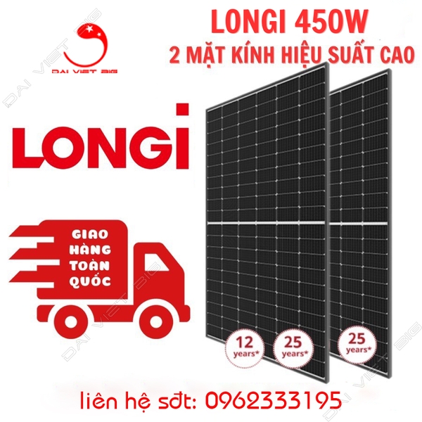 Tấm Pin mặt trời Longi 450w LOẠI A 2 mặt kính HIỆU SUẤT CAO