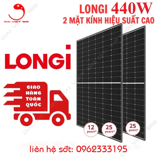 Tấm Pin mặt trời Longi 440w LOẠI A 2 mặt kính HIỆU SUẤT CAO