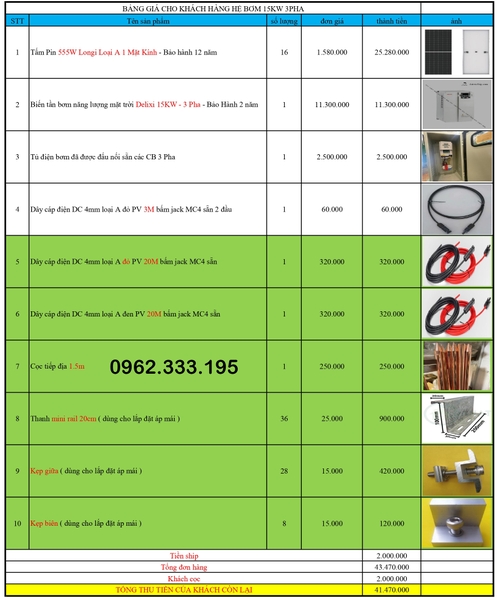 Báo giá NLMT hệ bơm 15kw 05.02.2025