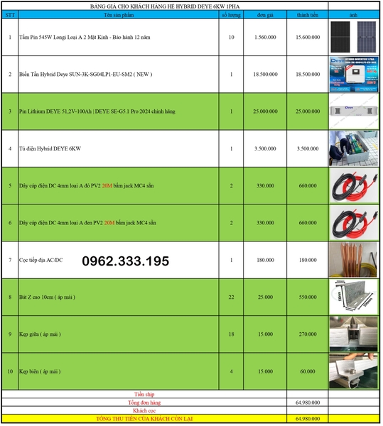 Báo giá NLMT hybrid DEYE 3kw 02.12.2024