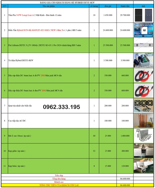 Báo giá NLMT hybrid deye SG05 6kw 21.11.2024