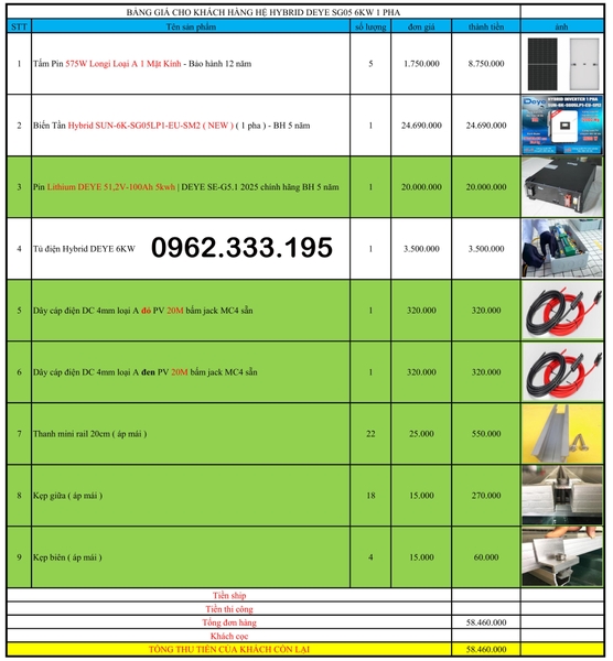 Báo giá NLMT hybrid deye sg05 6kw 22.03.2025