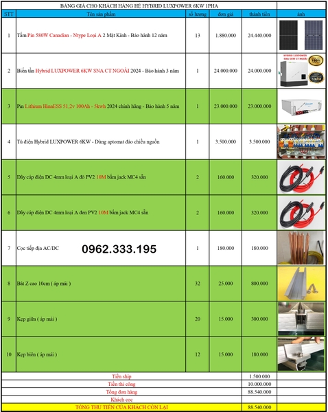 Báo giá NLMT hybrid luxpower 6kw