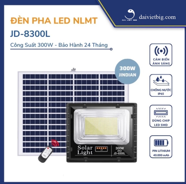 Đèn Năng Lượng Mặt Trời, Đèn Pha JinDian JD-8300L Công Suất 300W - Mẫu Mới 2020, Khung Nhôm, Chip Led 