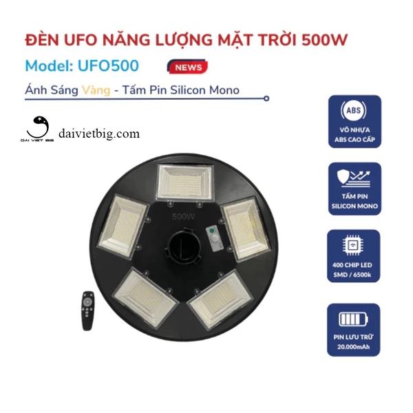 Đèn sân vườn, đèn đĩa bay năng lượng mặt trời UFO 500 Công suất 250W Ánh Sáng Vàng-Ánh Sáng Trắng