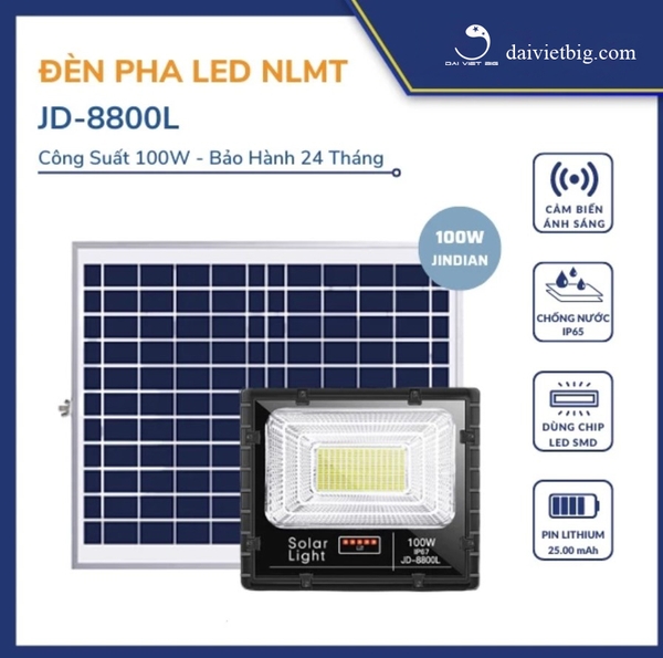 Đèn Năng Lượng Mặt Trời, Đèn Pha JinDian JD-8800L Công Suất 100W - Mẫu Mới 2020, Khung Nhôm, Chip Led 