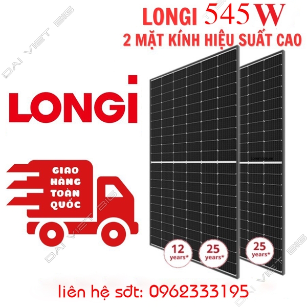 Tấm Pin mặt trời Longi 545w LOẠI A 2 mặt kính HIỆU SUẤT CAO 2025