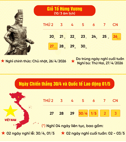 Thông báo: Lịch nghỉ lễ giỗ tổ Hùng Vương và 30/4 – 1/5/2026