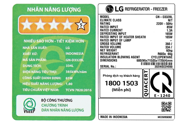 Tủ lạnh LG Inverter 334 lít GN-D332BL Chính hãng