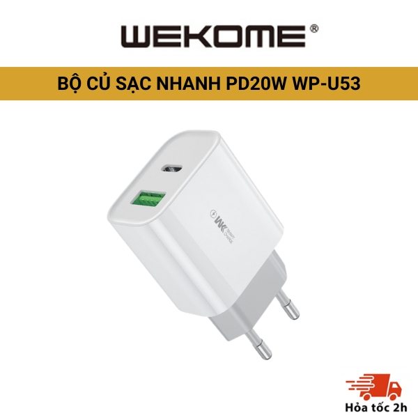 Bộ sạc nhanh, củ/cốc sạc WEKOME U53 PD 20W KÈM QC 3.0 SIÊU BỀN Cho 5/6/7/8/X/11/12/13/14 USB-C To ip