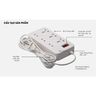 [CHỐNG GIẬT] Ổ nối OC06 Rạng Đông 6 cổng cắm 2m - Tích hợp rơ-le chống quá tải 15A - Lõi nhựa an toàn