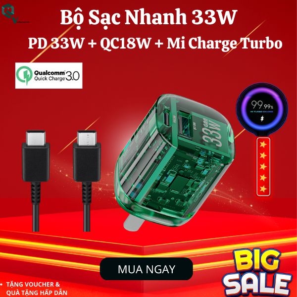 Bộ Sạc Nhanh 33W PD 2 Cổng Gấp Gọn  + Quick Charge 3.0 Dùng cho Samsung + Báo Mi Charge Turbo Cho Dòng Xiaomi