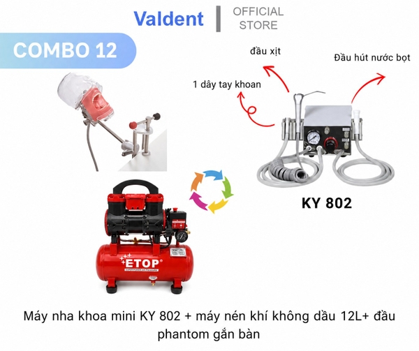 Combo12: Máy nha khoa mini 1 đầu dây tay khoan, 1 đầu hút nước bọt+máy nén khí+Phantom gắn bàn