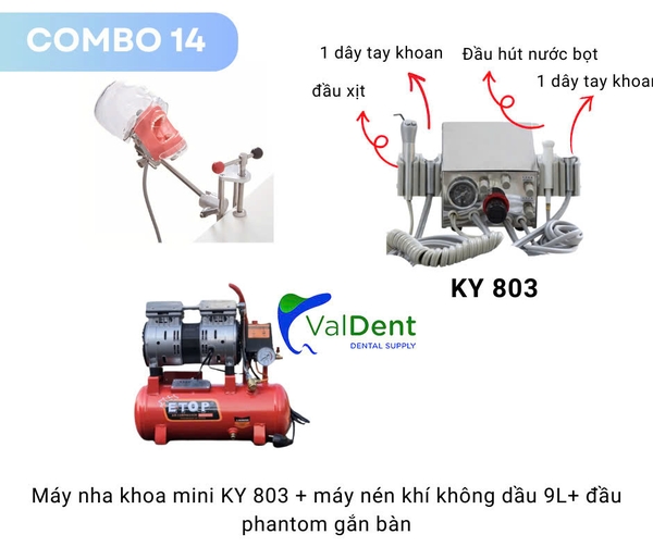 Combo14: Máy nha khoa mini+máy nén khí+Phantom gắn bàn