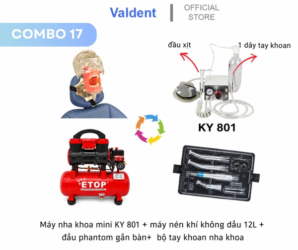 Combo17: Máy nha khoa mini+máy nén khí+Phantom gắn ghế răng+bộ tay khoan 2 nhanh và 1 chậm
