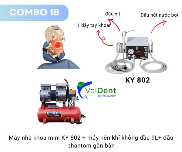 Combo18: Máy nha khoa mini 1 đầu dây tay khoan, 1 đầu hút nước bọt+máy nén khí+Phantom gắn ghế răng