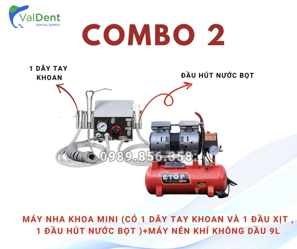 Combo2: Máy nha khoa mini có đầu hút nước bọt và máy nén khí