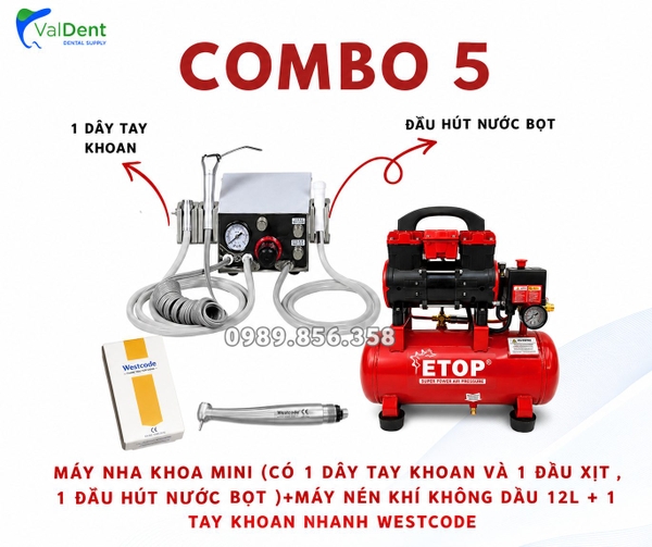 Combo5: Máy nha khoa mini  có đầu hút nước bọt +máy nén khí + tay khoan nhanh