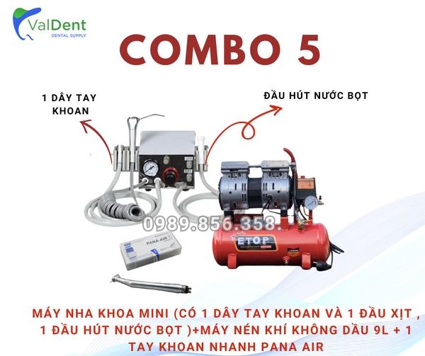 Combo5: Máy nha khoa mini  có đầu hút nước bọt +máy nén khí + tay khoan nhanh