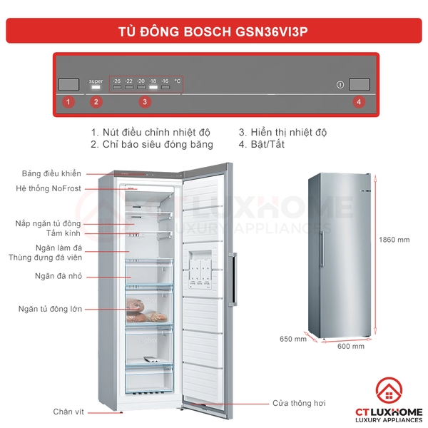 Tủ đông cánh đơn Bosch GSN36VI3P SERIE 4 242 LÍT