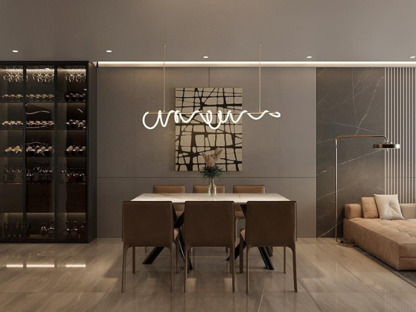 Nội thất gỗ nhựa với tone màu tối độc đáo tạo nên không gian sống hiện đại