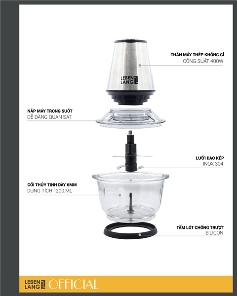 LBUF1920 - Máy xay thịt thủy tinh LEBENLANG 400W 1200ml