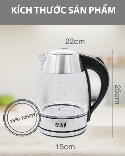 LBWE2626 - Ấm siêu tốc, ấm đun nước thủy tinh LEBENLANG dung tích 1800ml