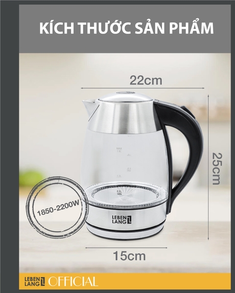 LBWE2626 - Ấm siêu tốc, ấm đun nước thủy tinh LEBENLANG dung tích 1800ml