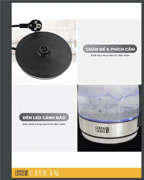 LBWE2626 - Ấm siêu tốc, ấm đun nước thủy tinh LEBENLANG dung tích 1800ml