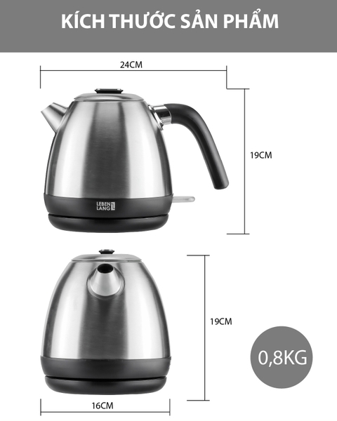 LBES3938 - Ấm siêu tốc, ấm đun nước inox Lebenlang dung tích 1200ml
