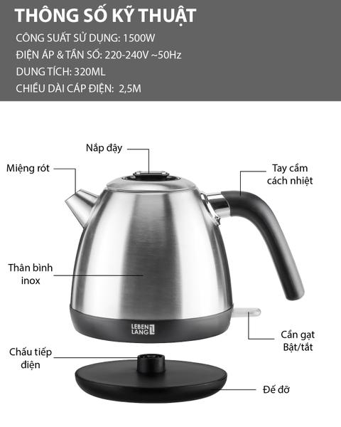 LBES3938 - Ấm siêu tốc, ấm đun nước inox Lebenlang dung tích 1200ml