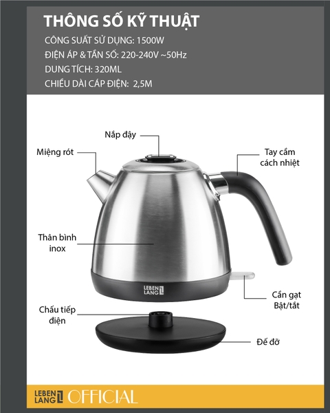 LBES3938 - Ấm siêu tốc, ấm đun nước inox Lebenlang dung tích 1200ml