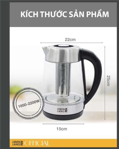 LBDD2628 - Ấm siêu tốc, ấm đun nước thủy tinh điều chỉnh nhiệt độ LEBENLANG dung tích 1700ml