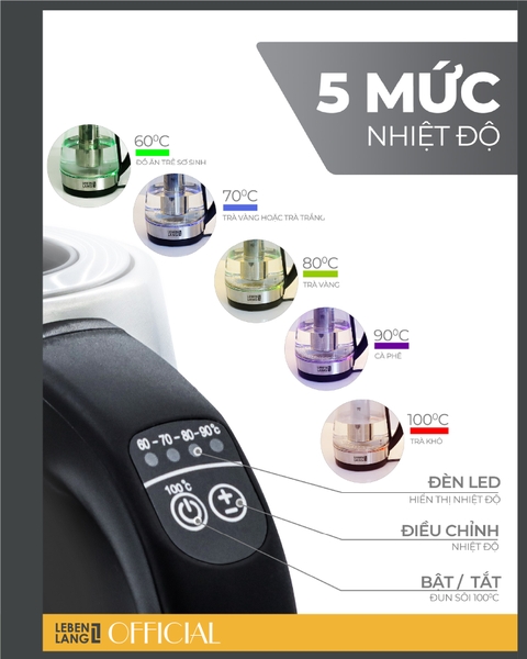 LBDD2628 - Ấm siêu tốc, ấm đun nước thủy tinh điều chỉnh nhiệt độ LEBENLANG dung tích 1700ml