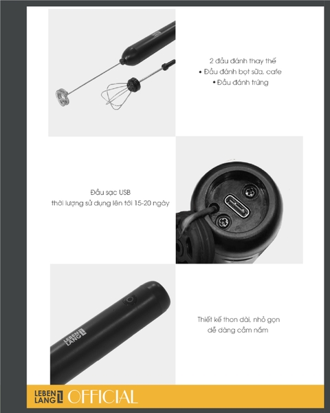 LBL4588 - Máy tạo bọt, đánh trứng cầm tay đa năng LEBENLANG 6W sạc pin