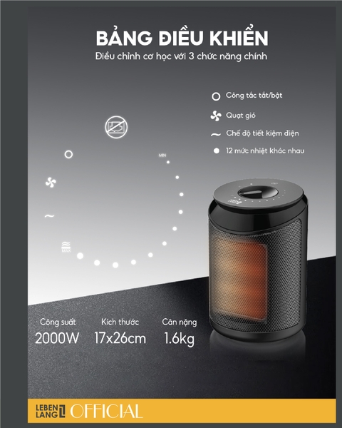 LBL0278 - Máy sưởi PTC gốm Lebenlang để bàn, điều khiển cơ