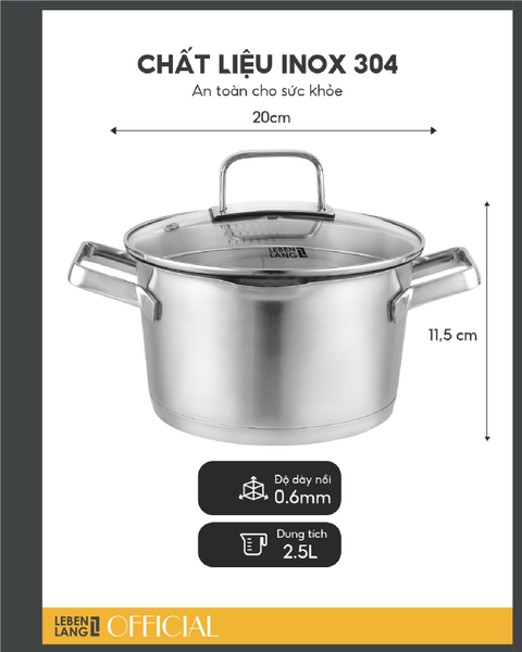 LBL2529- Nồi inox đa năng nắp kính Lebenlang 2500ml