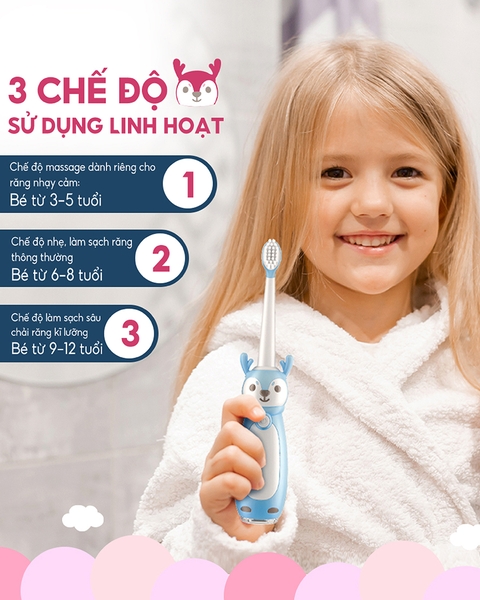 LBL3021-Bàn chải điện thông minh cho bé Lebenlang chống nước IPX7, 3 chế độ