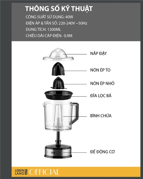 LB3898 - Máy vắt cam Lebenlang 40W dung tích 1200ml