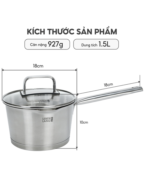 LBL2528- Nồi inox đa năng, quánh inox nắp kính Lebenlang 18cm 1500ml
