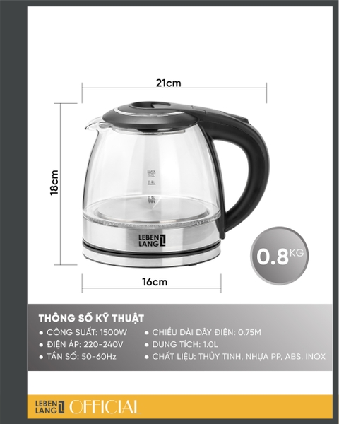 LBL2829 - Ấm siêu tốc, ấm thủy tinh Lebenlang LBL2829 dung tích 1000ml
