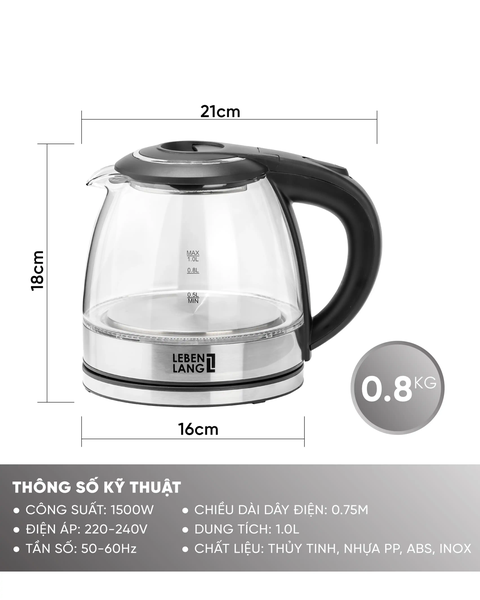 LBL2829 - Ấm siêu tốc, ấm thủy tinh Lebenlang LBL2829 dung tích 1000ml