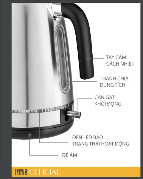 LBWE7762 - Ấm  siêu tốc, ấm đun nước inox LEBENLANG dung tích 1700ml